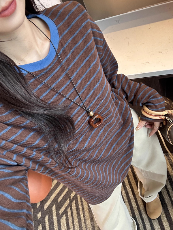 Ženski pleteni top za jesen uz kontrastne pruge, slobodan kroj, okrugli izrez, dugi rukavi, retro casual stil