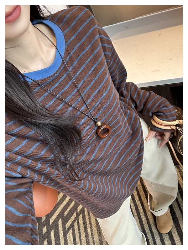 Ženski pleteni top za jesen uz kontrastne pruge, slobodan kroj, okrugli izrez, dugi rukavi, retro casual stil