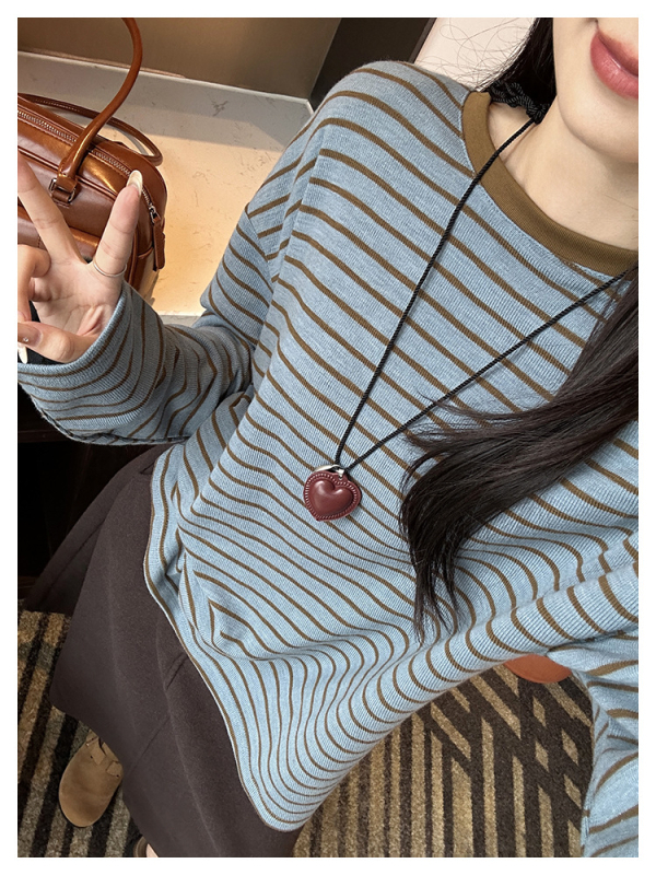 Ženski pleteni top za jesen uz kontrastne pruge, slobodan kroj, okrugli izrez, dugi rukavi, retro casual stil
