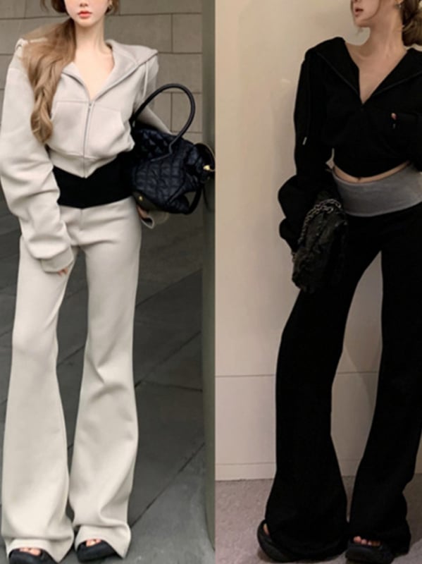 2025 нов модел контрастен спортен комплект с худи за жени, есен-зима, корейски стил, уникален двукомпонентен комплект