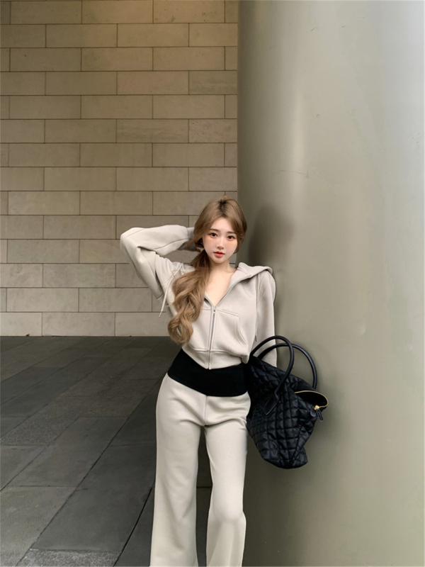 2025 нов модел контрастен спортен комплект с худи за жени, есен-зима, корейски стил, уникален двукомпонентен комплект
