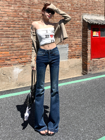 Ženske traperice u američkom retro stilu s niskim strukom, zvonasta silueta, bootcut, dugačke do poda, denim