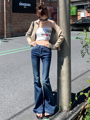 Ženske traperice u američkom retro stilu s niskim strukom, zvonasta silueta, bootcut, dugačke do poda, denim