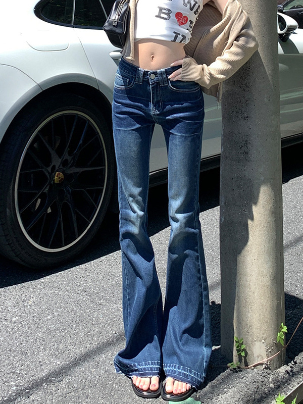 Ženske traperice u američkom retro stilu s niskim strukom, zvonasta silueta, bootcut, dugačke do poda, denim