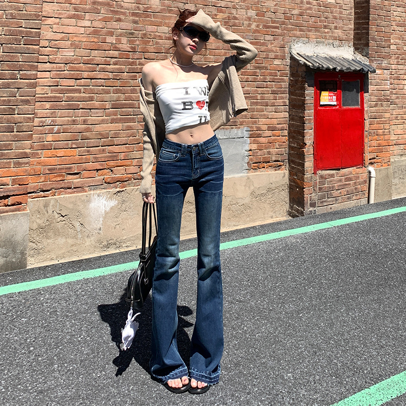 Ženske traperice u američkom retro stilu s niskim strukom, zvonasta silueta, bootcut, dugačke do poda, denim