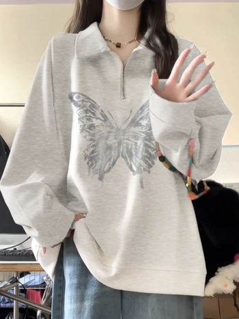 Ženski oversize dukserica s polo ovratnikom, leptir print, cvjetno siva, jesen-zima, ležerni stil