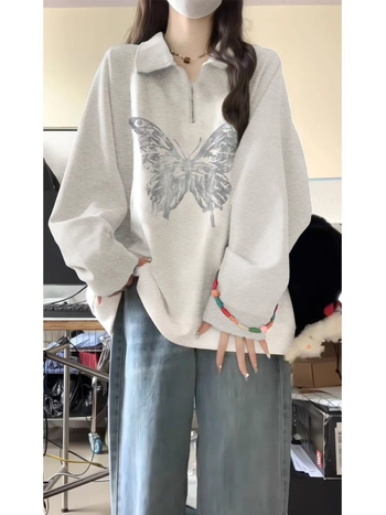 Ženski oversize dukserica s polo ovratnikom, leptir print, cvjetno siva, jesen-zima, ležerni stil