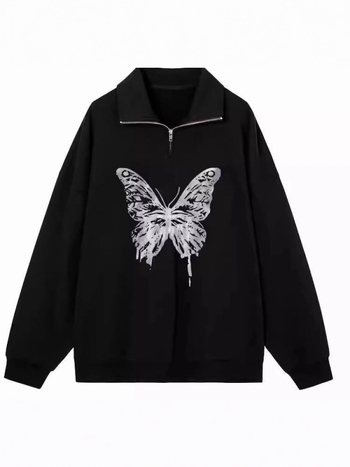 Ženski oversize dukserica s polo ovratnikom, leptir print, cvjetno siva, jesen-zima, ležerni stil