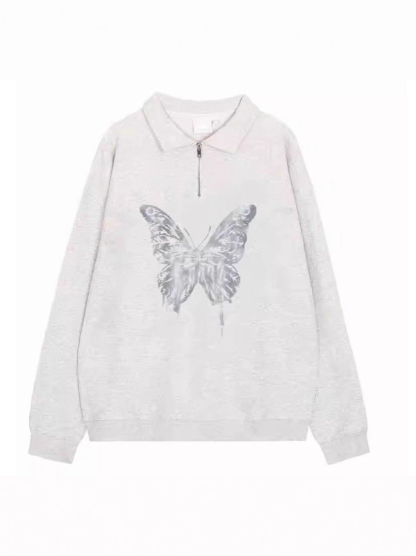 Ženski oversize dukserica s polo ovratnikom, leptir print, cvjetno siva, jesen-zima, ležerni stil