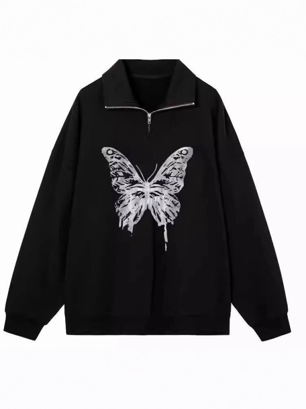 Ženski oversize dukserica s polo ovratnikom, leptir print, cvjetno siva, jesen-zima, ležerni stil