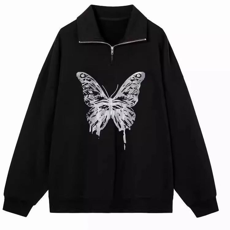 Ženski oversize dukserica s polo ovratnikom, leptir print, cvjetno siva, jesen-zima, ležerni stil