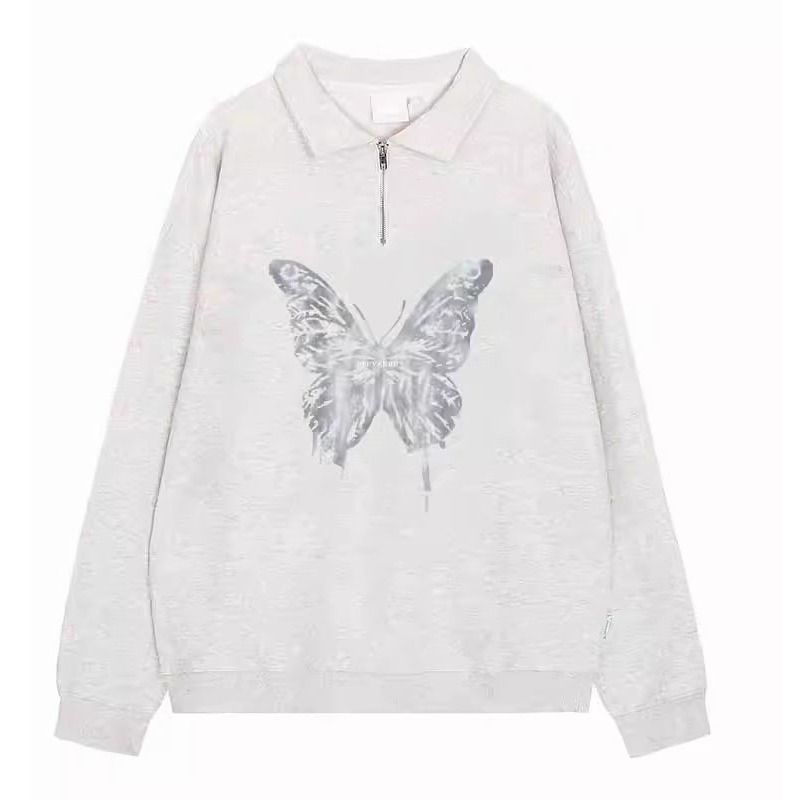 Ženski oversize dukserica s polo ovratnikom, leptir print, cvjetno siva, jesen-zima, ležerni stil