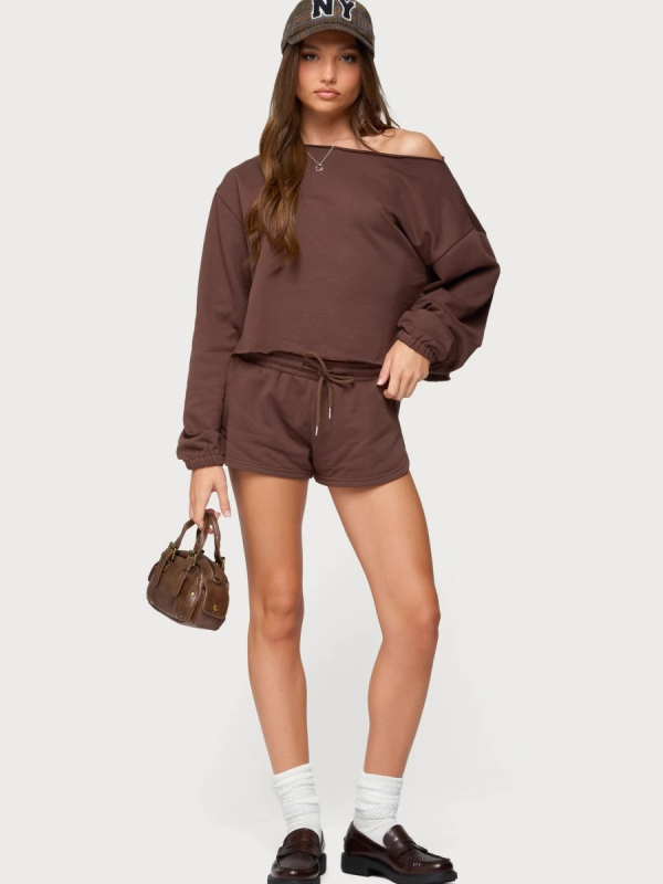 Ženski jednofarbni casual set: hoodie s dugim rukavima i isrezom te šorcevi s elastičnim pojasom i vezicom, udoban i svestran