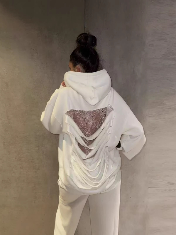 Ženski fleece hoodie s rasparenim čipkastim prozirnim panelima i patchworkom, dugi rukavi, casual streetwear, hip-hop stil