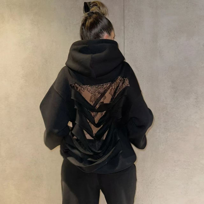 Ženski fleece hoodie s rasparenim čipkastim prozirnim panelima i patchworkom, dugi rukavi, casual streetwear, hip-hop stil