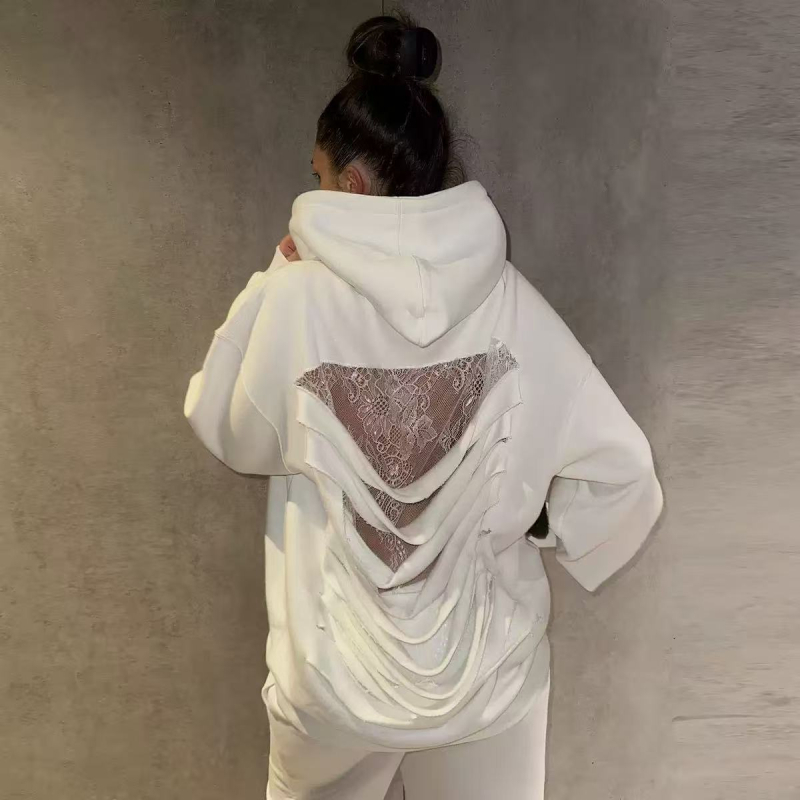 Ženski fleece hoodie s rasparenim čipkastim prozirnim panelima i patchworkom, dugi rukavi, casual streetwear, hip-hop stil