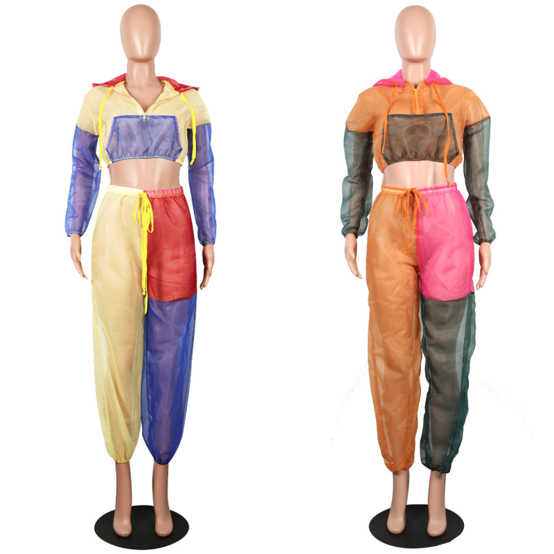 M806 Дамски мрежест костюм с качулка и панелни шевове, спортно-готически стил, къси панталони