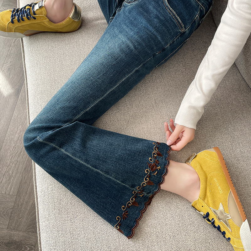 Ženske šivane traperice s izvezenim uzorkom, visokim strukom, patchwork stilom, dužina 9/10, denim