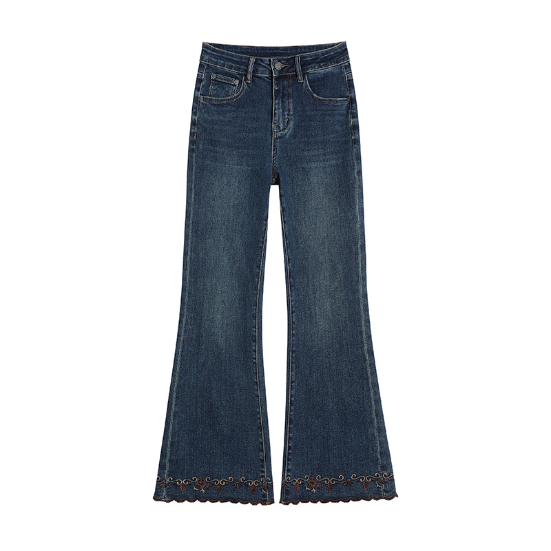 Ženske šivane traperice s izvezenim uzorkom, visokim strukom, patchwork stilom, dužina 9/10, denim