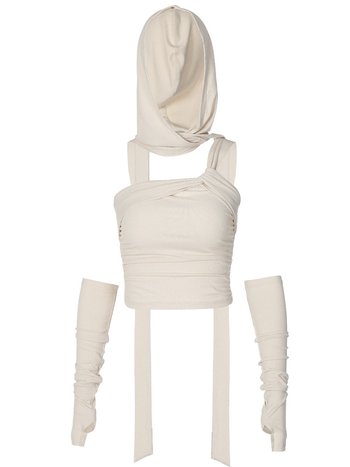 Двоен комплект: топ с качулка, открит гръб и лента за връзване, без ръкави, съчетан с пола миди с цепка – пролет 2024, памук-еластан.