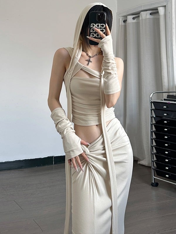 Двоен комплект: топ с качулка, открит гръб и лента за връзване, без ръкави, съчетан с пола миди с цепка – пролет 2024, памук-еластан.