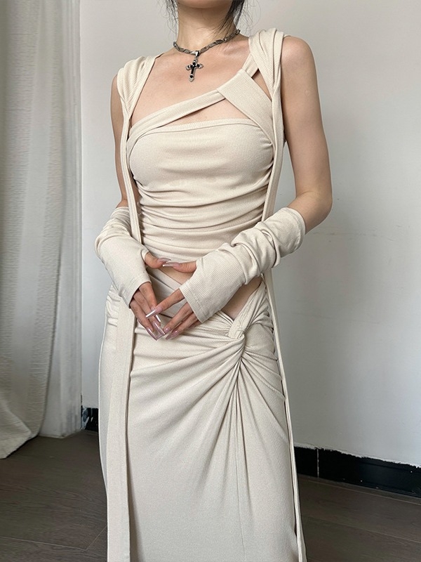 Двоен комплект: топ с качулка, открит гръб и лента за връзване, без ръкави, съчетан с пола миди с цепка – пролет 2024, памук-еластан.