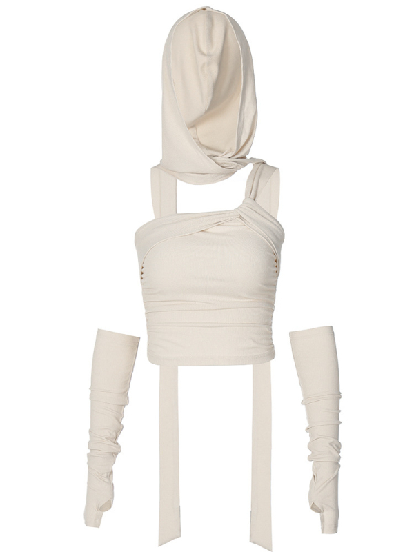 Двоен комплект: топ с качулка, открит гръб и лента за връзване, без ръкави, съчетан с пола миди с цепка – пролет 2024, памук-еластан.