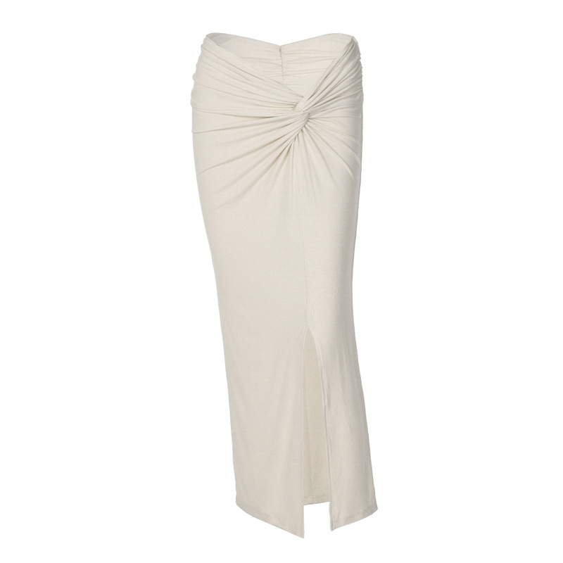 Двоен комплект: топ с качулка, открит гръб и лента за връзване, без ръкави, съчетан с пола миди с цепка – пролет 2024, памук-еластан.