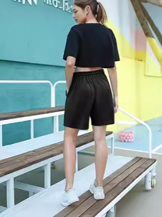Shorturi sport casual pentru femei, talie înaltă, până la genunchi, poliester, șnur, stil urban elegant