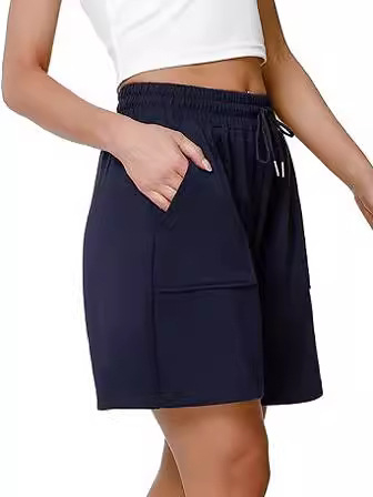 Shorturi sport casual pentru femei, talie înaltă, până la genunchi, poliester, șnur, stil urban elegant