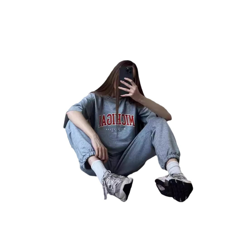 Дамски летен двучастков комплект с отпечатан къс ръкав суитшърт и дълги панталони, лято 2024