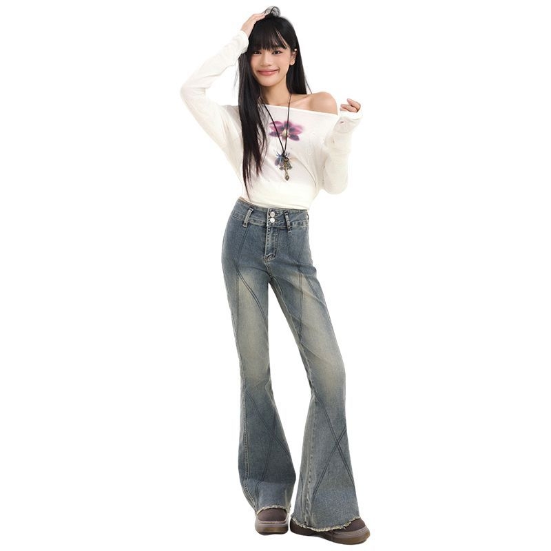 Američke retro traperice s širokim krojem, visokim strukom, elastične, slim fit, puna duljina, u obliku potkove, za žene