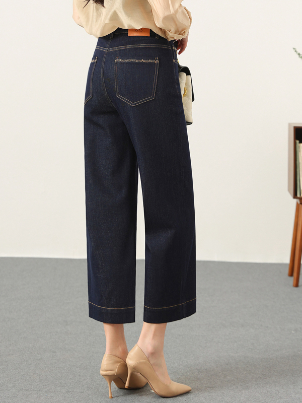 Plainness ženske traperice s četiri smjera elastičnosti, otporne na izbljeđivanje, plavi denim, izvezeni džepovi, kraći ravni kroj