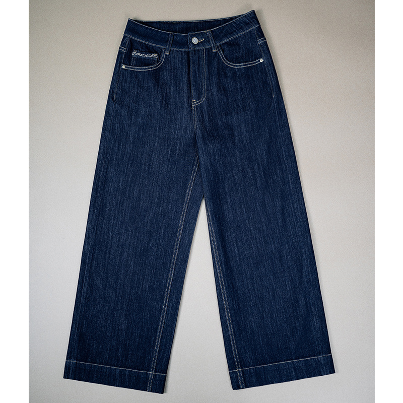 Plainness ženske traperice s četiri smjera elastičnosti, otporne na izbljeđivanje, plavi denim, izvezeni džepovi, kraći ravni kroj