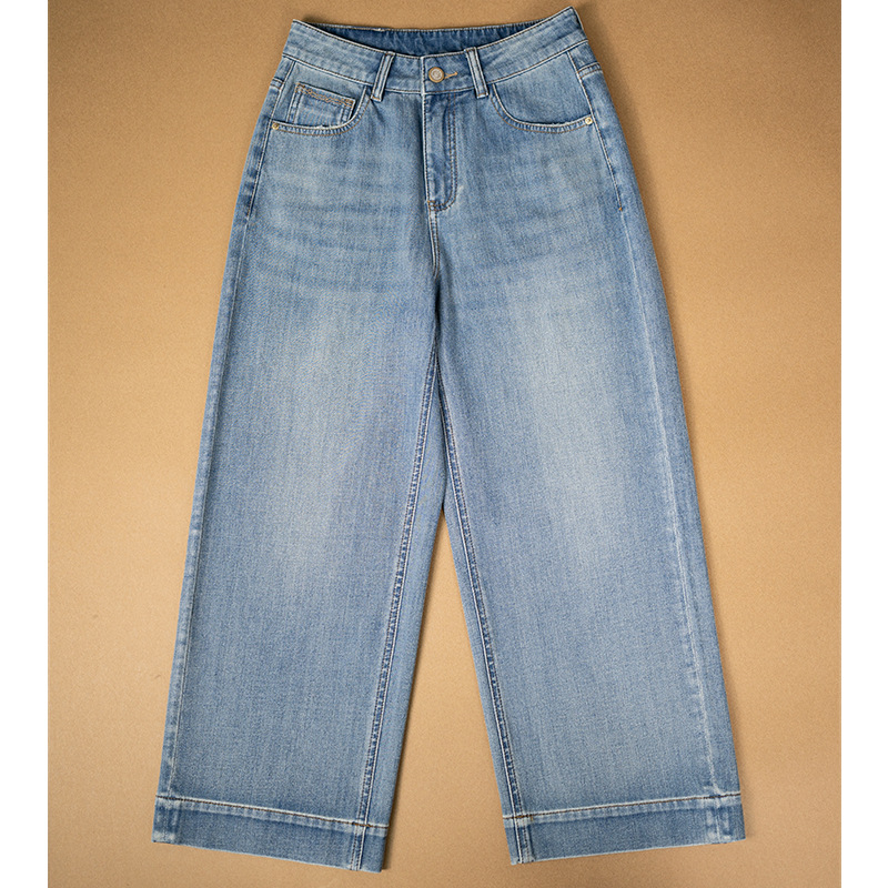 Plainness ženske traperice s četiri smjera elastičnosti, otporne na izbljeđivanje, plavi denim, izvezeni džepovi, kraći ravni kroj