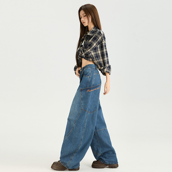 8131 Ženske široke traperice, američki retro jesenski stil, denim, s izvezenim slovima i patchworkom
