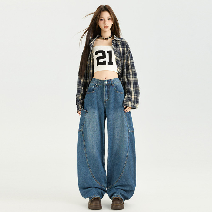 8131 Ženske široke traperice, američki retro jesenski stil, denim, s izvezenim slovima i patchworkom