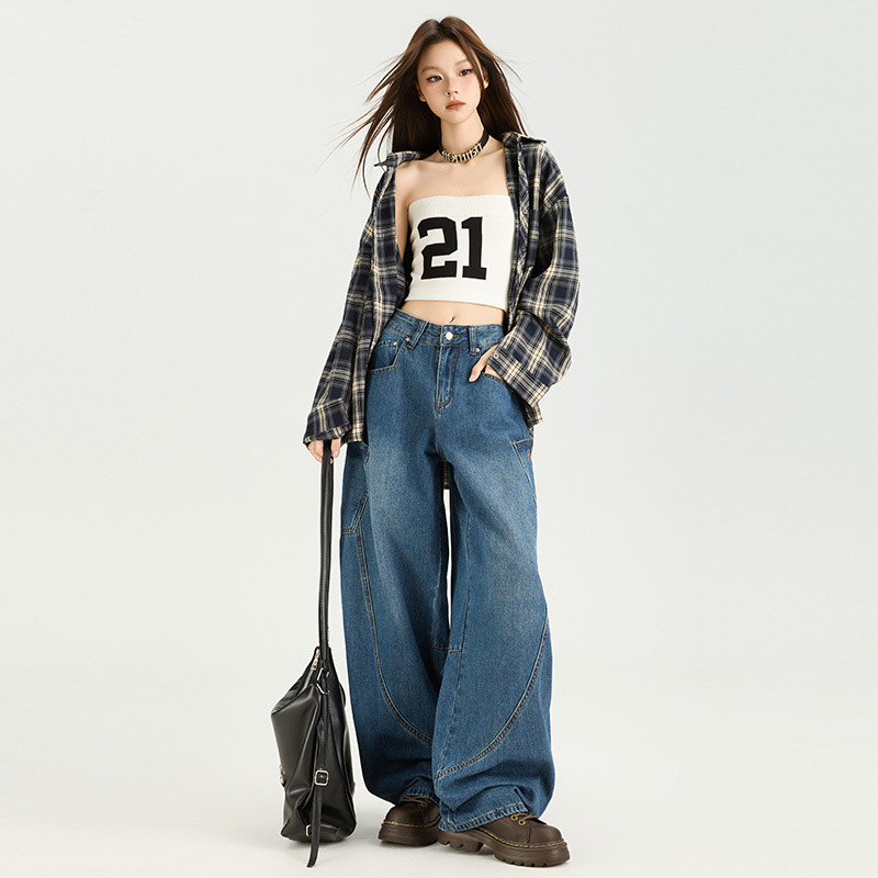 8131 Ženske široke traperice, američki retro jesenski stil, denim, s izvezenim slovima i patchworkom