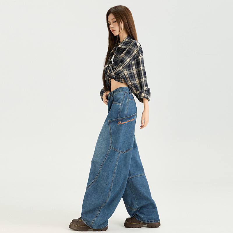 8131 Ženske široke traperice, američki retro jesenski stil, denim, s izvezenim slovima i patchworkom