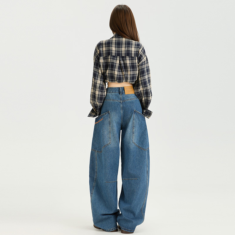 8131 Ženske široke traperice, američki retro jesenski stil, denim, s izvezenim slovima i patchworkom