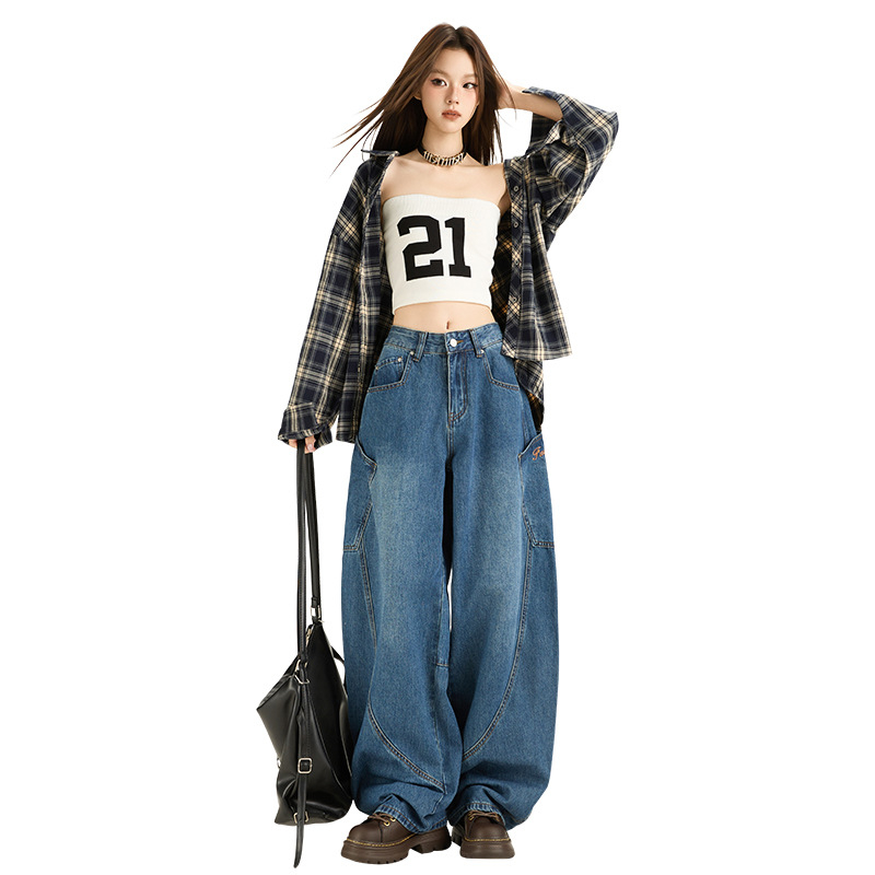 8131 Ženske široke traperice, američki retro jesenski stil, denim, s izvezenim slovima i patchworkom