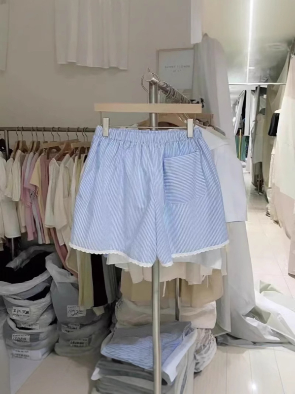 Ženske kratke hlače s visokim strukom, prugaste, širokih krojeva, s čipkastim rubom i vezicom, korejski stil Dongdaemun, ljeto vintage