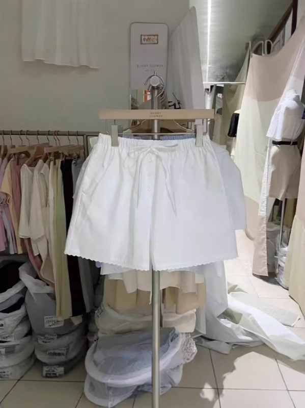 Ženske kratke hlače s visokim strukom, prugaste, širokih krojeva, s čipkastim rubom i vezicom, korejski stil Dongdaemun, ljeto vintage