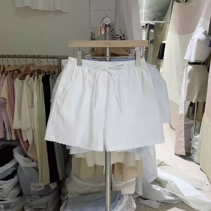 Ženske kratke hlače s visokim strukom, prugaste, širokih krojeva, s čipkastim rubom i vezicom, korejski stil Dongdaemun, ljeto vintage
