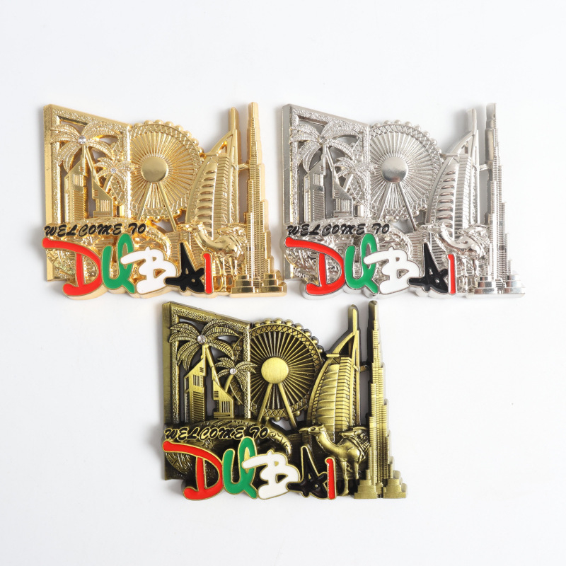 Metalni magnet za hladnjak s dubajskom znamenitošću, 3D panoramski dizajn, retro suvenir putovanja