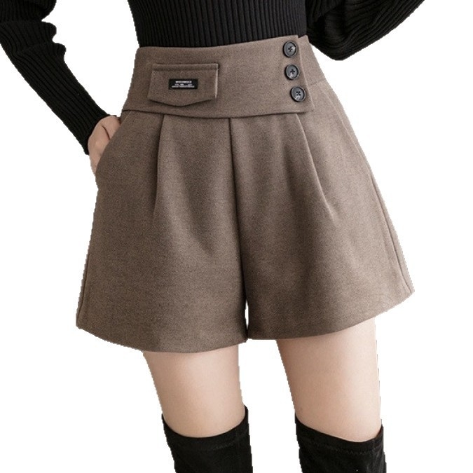 Deblje vunene šorts hlače visokog struka, A-linija, širokih nogavica, korejskog stila za jesen-zimu