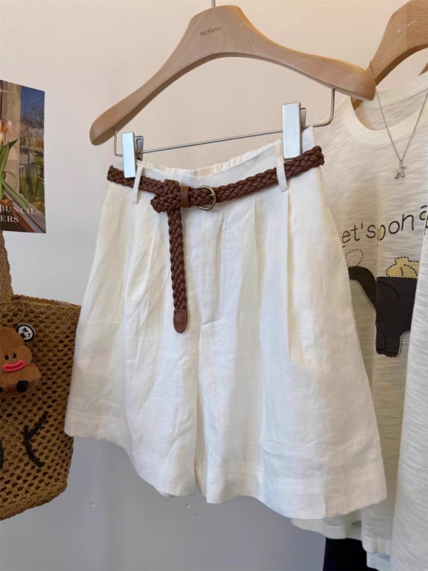 Lanene kratke hlače sa tkanim pojasom, visokim strukom, casual stil, tri boje za ljeto