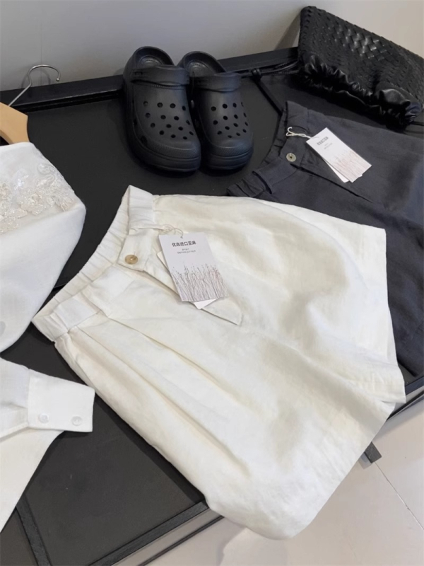 Lanene kratke hlače sa tkanim pojasom, visokim strukom, casual stil, tri boje za ljeto