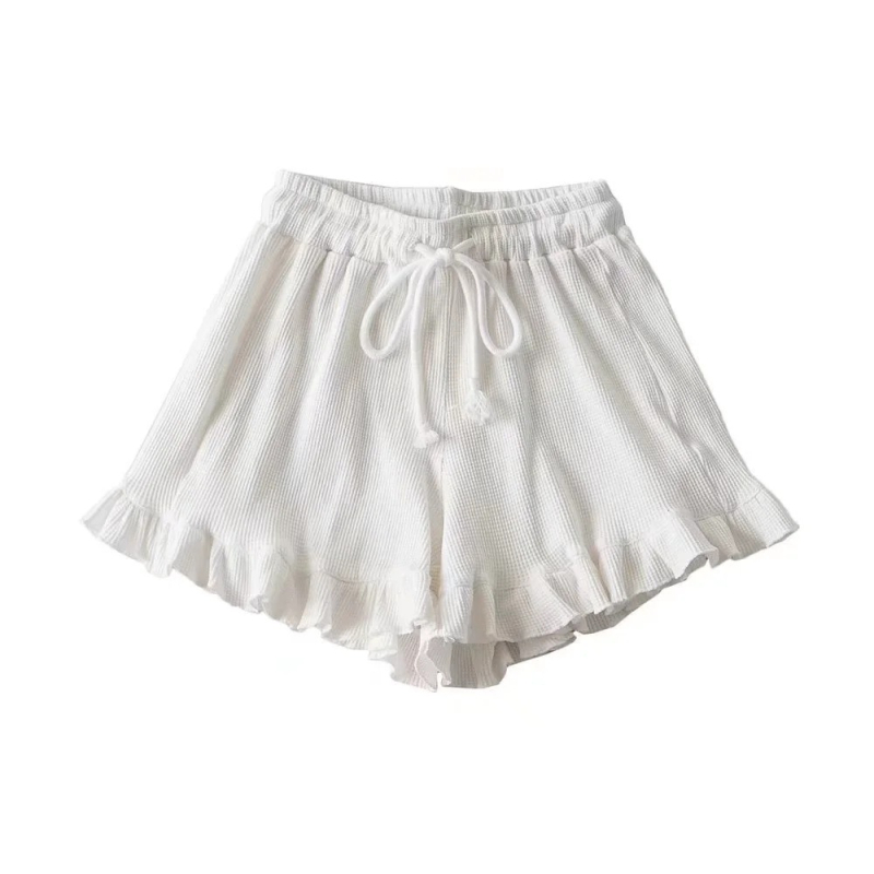 Ženski casual šorts s čipkastim rubom i waffle uzorom, ljetni, elastičan pojas s vezicom, volani rub, sportski stil