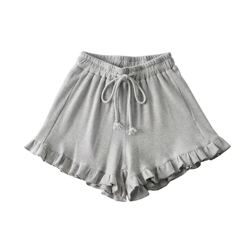 Ženski casual šorts s čipkastim rubom i waffle uzorom, ljetni, elastičan pojas s vezicom, volani rub, sportski stil